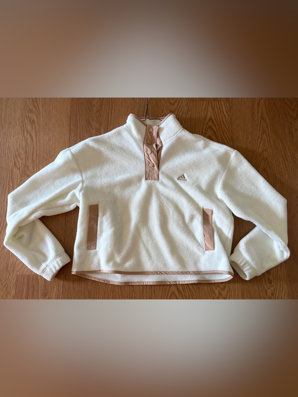 adidas Cream Fleece Pullover with Blush Pink/ gold Trim button up pockets q zip